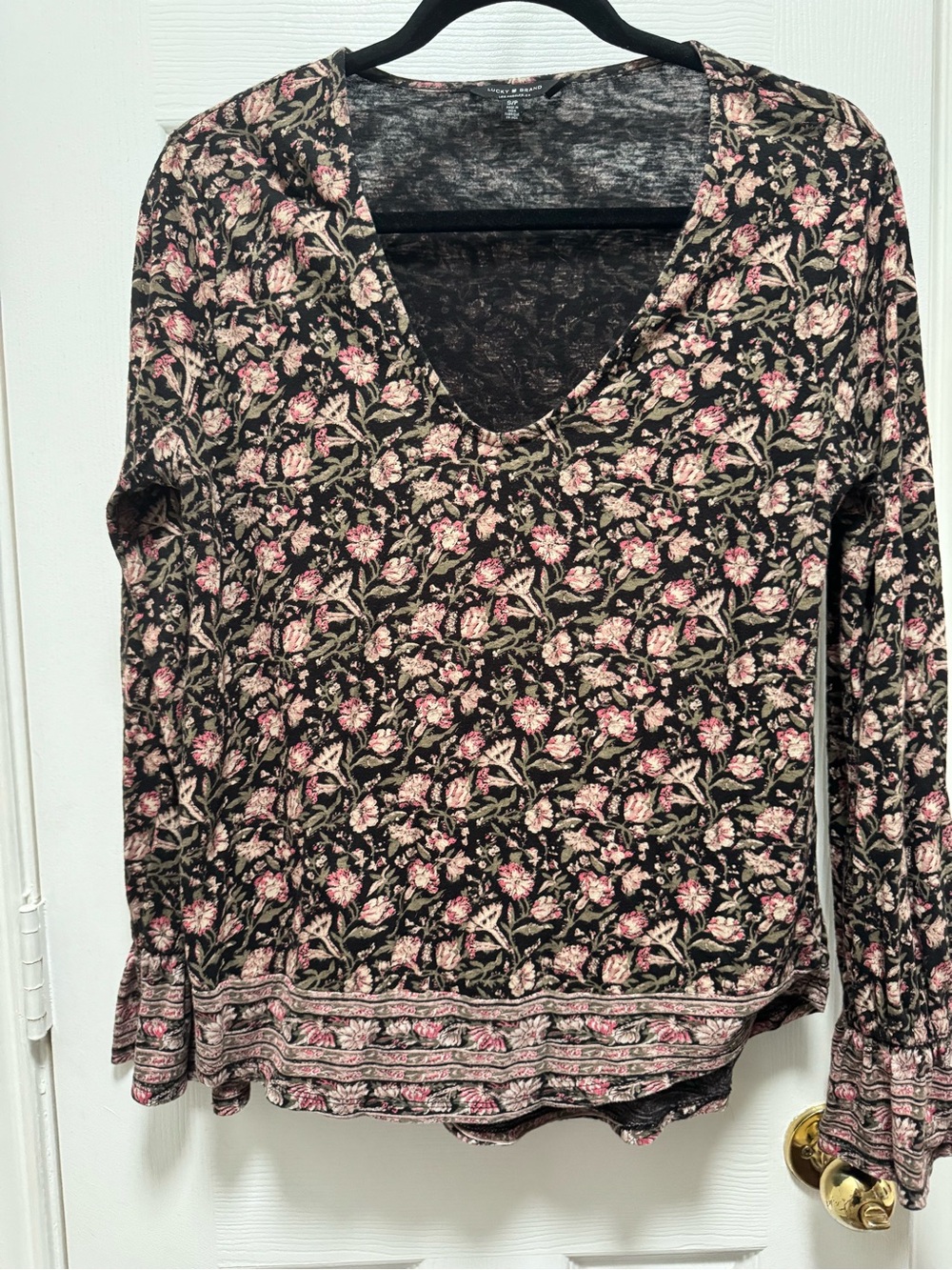 Lucky Brand Black Floral Print Peasant Sleeve Top